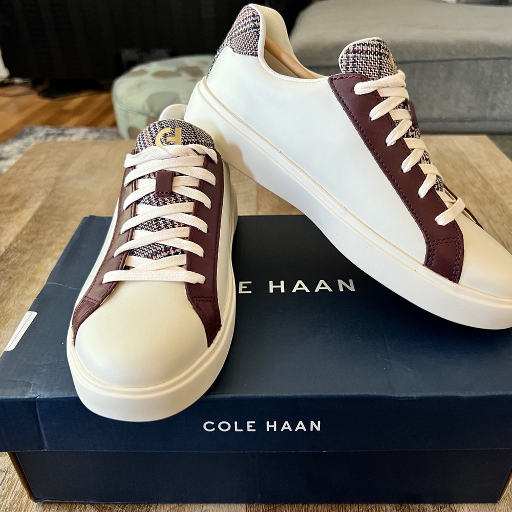 Cole Haan Leather Platform Sneakers Plaid Trim 8B NIB